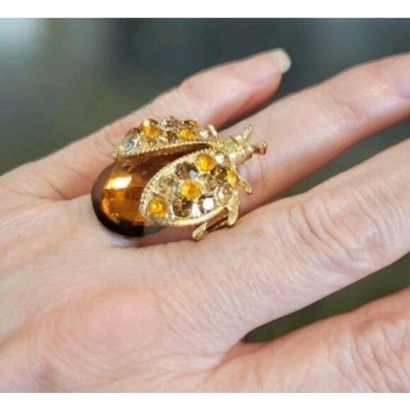 Lady Bug Ring Amber Crystal Gold Statement Stretch Insect Bug Scarab Beetle - Picture 5 of 8
